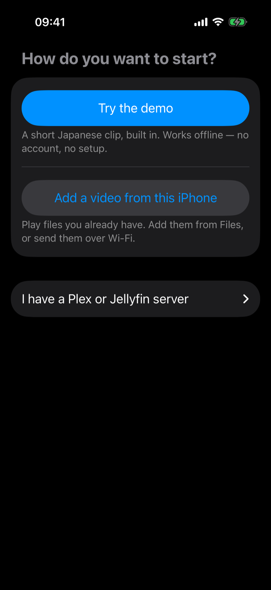 The first screen in SubShadow, headed “How do you want to start?”, offering “Try the demo”, “Add a video from this iPhone”, and “I have a Plex or Jellyfin server”.